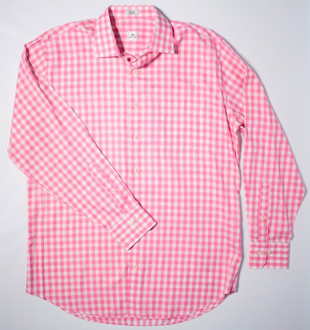 Peter Millar 100% Cotton Long Sleeve Button Down Shirt Pink Plaid Men Size L